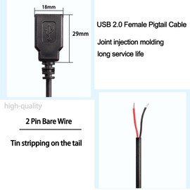 XMSJSIY USB 2.0 Female Pigtail Cable Extension Power Cable 22AWG 5V 3A USB A Socket to 2 Pin Bare Wire Open End Connector for DIY-2 Pcs (1M)