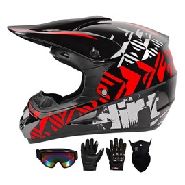 SPARK DOT Motocross Dirt Bike Helmets Full Face Motorcycle Off-Road Mountain E-Bike BMX MX ATV Helmet (with Gloves Goggles Mask) 4Pcs Set (Red, X-Large)