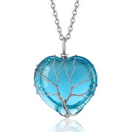 Bestyle Tree of Life Heart Crystal Necklaces March Birthstone Pendant for Women, Synthetic Aquamarine Gemstones Healing Crystal Necklaces,Love Statement Jewelry Birthday Gifts