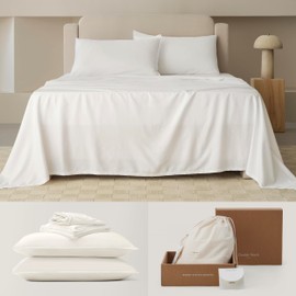 Double Stitch Cotton Tencel Sheet - Bed Sheets Set California King, 4Pc Luxury Hotel Bedding Set, Soft, Cooling & Breathable for Hot Sleepers, Deep Pocket Up to 16 Inches, Cream
