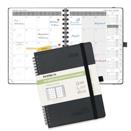 POPRUN Calendar 2025 2026 Monthly Planner 22 x 16.5 cm - 18 Months Monthly Calendar Ring Binder A5 (Jul 2025-Dec.2026) - 1 Month 4 Pages, Soft Cover with PU Leather, 100 GSM Paper - Black
