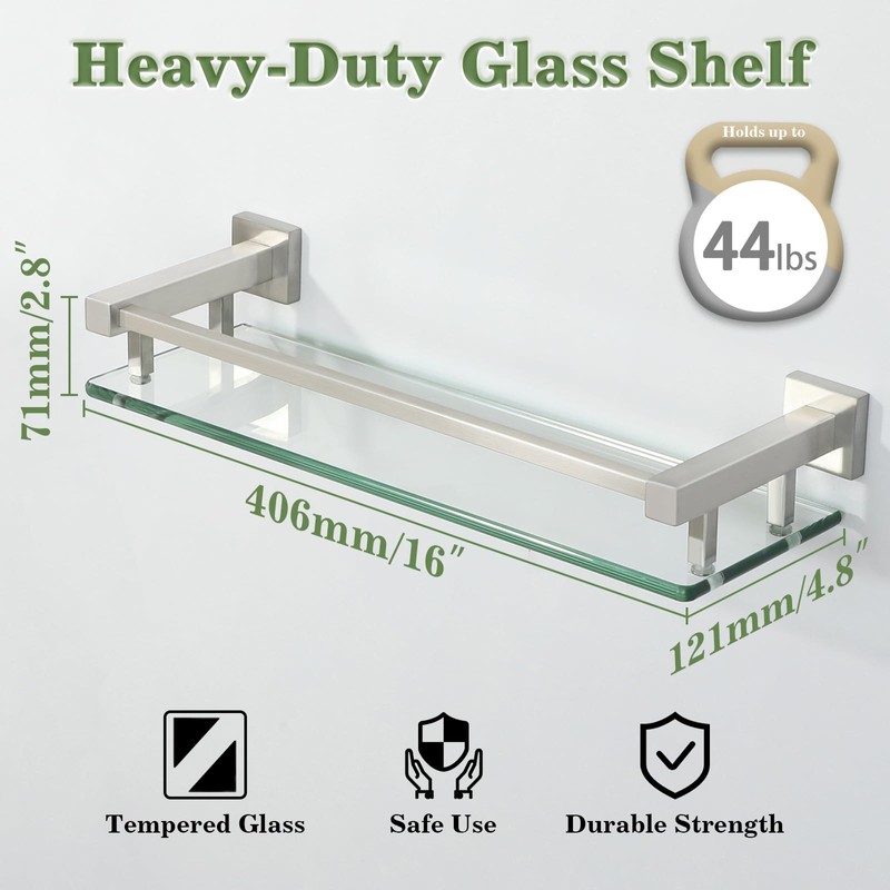 Alise Bathroom Glass Shelf with Stainless Steel Railing, Brushed Nickel