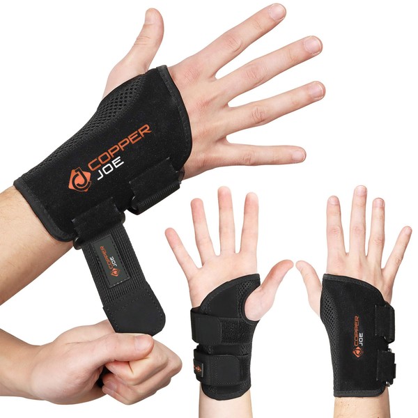 Copper Joe Carpal Tunnel Wrist Brace for Day and Night Support - Compression Wrist Sleeve For Arthritis, Tendonitis, RSI and Sprain - Adjustable Wrist Splint fit For Men and Women (Left Hand S/M)