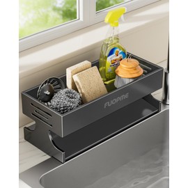 FUOPME Sponge Holder for Kitchen Sink - Rustproof Carbon Steel Sink Caddy Organizer with Auto-Drain, Dish Sponge & Soap Dispenser Rack for Kitchen Countertop Storage, Grey