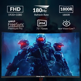 Great voell 24 Inch Curved Gaming Monitor, 180Hz/144Hz FHD 1080P, 120% sRGB, 1ms, AMD FreeSync, Low Motion Blur, VESA Wall Mount, HDMI 1.4 & DP 1.2 – Black