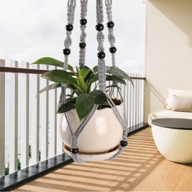 MKO SHUN 3-Pack Macrame Plant Hanger Indoor - Hanging Planter Basket for Indoor Outdoor - Decorative Boho Plant Holders Set with Beads - Ceiling Flower Pot Holder with 6 Hooks - 35"/30"/24" Gray