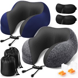ExploreBliss Travel Pillow, 2 Pack Travel Pillows for Sleeping Airplane, Removable Cover Neck Pillow with Adjustable Clasp, Memory Foam Neck Pillow Set (Dark Grey & Blue)