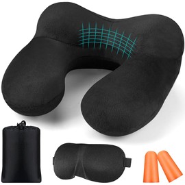 Travel Pillow, Neck Pillow Inflatable for Aeroplane with Ear Plugs, Soft Velvet, Ergonomic Neck Pillow, Travel Pillow, Inflatable for Office, Plane, Car, Travel, Camping, Sleeping Rest Pillow (Black)