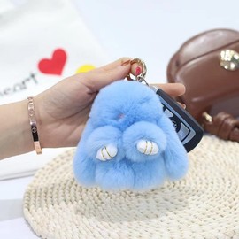 Soft Fluffy Rabbit Keyring Cute Plush Rabbit Key Ring Plush Rabbit Key Ring Faux Fur Keyring Pompom Keyring Decoration, Blue (18 cm)