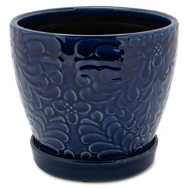 Napco Floral Embossed Ceramic Pot with Cobalt Blue Glaze for Indoor Plants Planter, 5.25 x 6 x 6 Inch