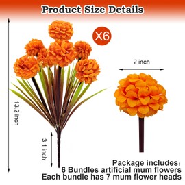 FOUSUKA Fall Fake Mums Artificial Flowers, 6 Pack 42 Heads Faux Silk Small Chrysanthemum Ball Plastic Plants Outdoor UV Resistant for Autumn Home Kitchen Outside Porch Garden Pots Decoration (Orange)