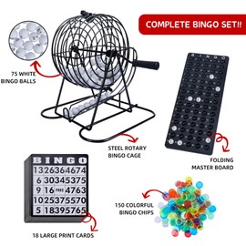 GOTHINK Bingo Game Set for Adults and Kids - Included 8" Metal Wheel Cage, 75 Calling Balls, Master Board, 18 Bingo Cards & 150 Colored Chips, Great for Fun Family Game Night, Large Groups, Parties