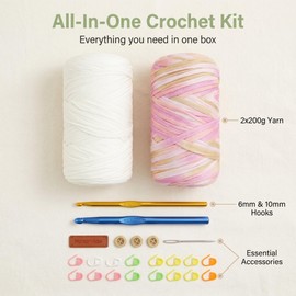 Tshirt Yarn Crochet Kit 2x200g Chunky Yarn for Crocheting with 6mm & 10mm Hooks + Accessories, Rich Color Combinations - Suitable for Beginners, Ideal for Making Bags, Home Decor（White-2）