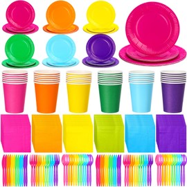 Ziliny 420 Pcs Rainbow Neon Party Supplies Paper Plates and Napkins 9 oz Paper Cups Forks Knives Spoons Disposable Tableware for Rainbow Birthday Party Supplies, Serves 60(Rose Red, Purple, Yellow)