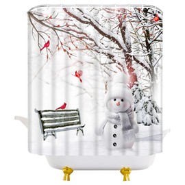JEJOMEAG Winter Shower Curtain Cute Snowman Red Birds Snow Scene Christmas Country Rustic Fabric Bathroom Curtain with Hooks, 70Wx70H