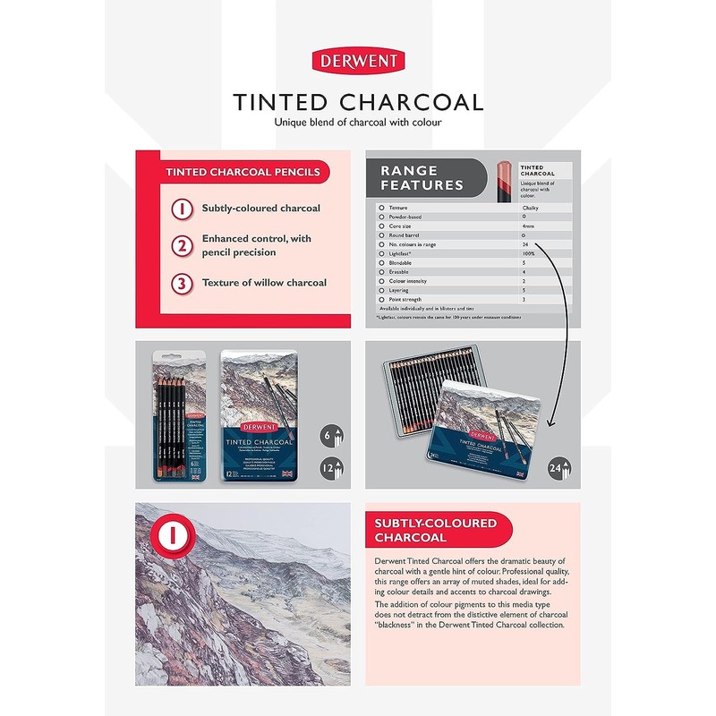 Derwent Tinted Charcoal Pencils Tin (Set of 24)