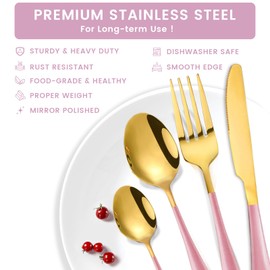 24-Piece Flatware Set with Organizer,Heavy Duty Stainless Steel Silverware for 6,Pink Cutlery Utensil Sets with Antiskid Handle，Rust-proof Stainless Steel Cutlery, Mirror Polished (Pink)