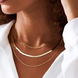 Pancert Chunky Gold Necklace for Women Stackable,14K Gold Plated Layered Herringbone Necklace Choker Multilayer Snake Cuban Paperclip Chain Accessories Set Non Tarnish Jewelry Gift for Women