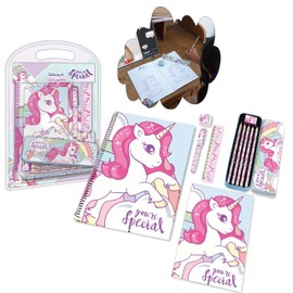 Unicorn Pink Stationery Set - 12 Pieces | Ideal Back to School for Girls | Includes Exercise Books, Pencil Case, Wood Pencils, and More | Perfect for Home, School and Office