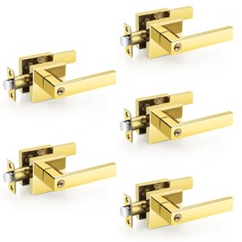 EHOMEWARE 5 Pack Bedroom Door Knobs with Lock and Key, Keyed Alike Brass Door Handles for Interior/Exterior Doors, Modern Entry Door Lever Handle Lock in Polished Brass Finish