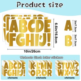 Bulletin Board Letters 144 PCS Large Gold Letter Stickers 12 Sheets Vinyl Self Adhesive Alphabet Sticker Set Poster Board Letters for Display Classroom School Mailbox Home Wall Decor (3 Inch, Gold)