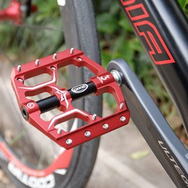 Road/Mountain Bike Pedals - 3 Bearings 9/16” Aluminum Alloy Bicycle Pedals - Mountain Bike Pedal with Removable Anti-Skid Nails … (Red)