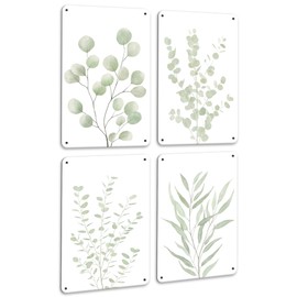 Drsoum Botanical Plant Wall Metal Signs Art Boho Wall Decor for Bathroom Sage Green Eucalyptus Leaf Prints Minimalist Aesthetic Ready to Hang Set of 4, 12x8 in