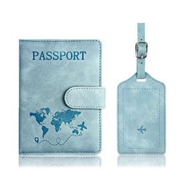 Passport Cover and Suitcase Tag Set, Faux Leather Passport Cover with Suitcase Pendant, Passport Cover with RFID Blocker for Passport Cover for Men and Women, for Credit Cards, ID and Travel Documents
