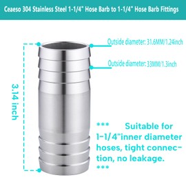Ceaeso 304 Stainless Steel 1-1/4" Hose Barb to 1-1/4" Hose Barb Splicer Mender Round Union Coupler Fitting for Water/Fuel/Air (Pack of 2)