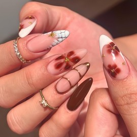YOLEZI Flower Press on Nails Medium Almond Fake with Brown Floral Rhinestone Designs Stick Glossy Reusable Artificial Acrylic Full Cover False for Women Manicure 24 Pcs (Brown-38, Nails-38)