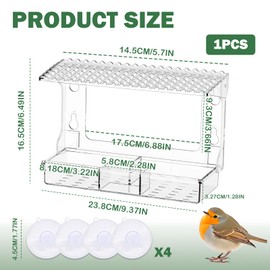 Clear Window Bird Feeder, Transparent 3-Cell Feeder for Outdoor or Indoor Use, Suction Mounted Acrylic Bird House for Garden Balcony or Home