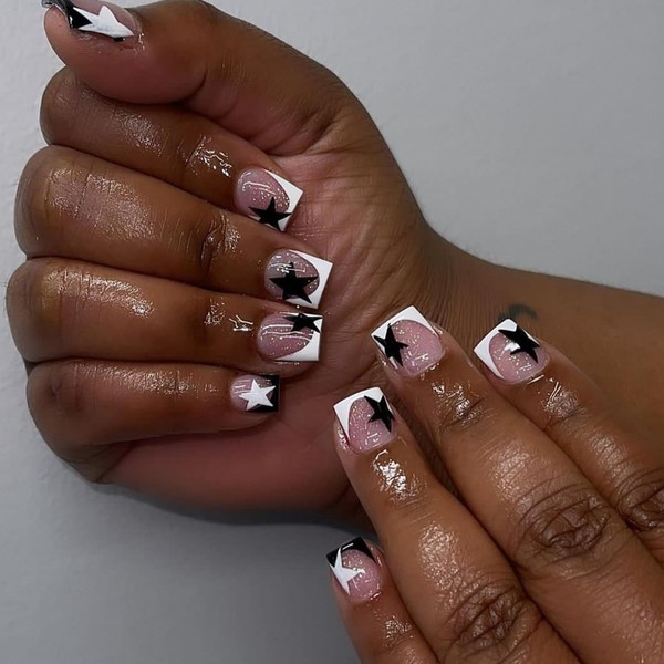 24Pcs White French Tip Press on Nails Short Square Fake