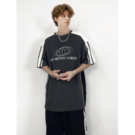 Mens Oversize Graphic Raglan T Shirt Vintage Letter Print Speedway Racing Tees Casual Unisex Streetwear Tops B-Grey