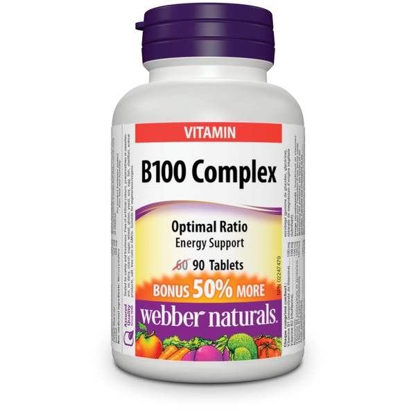 Webber Naturals Vitamin B100 Complex, 90 Tablets, Supports Energy Production and Metabolism, Gluten Free, Non-GMO, Vegan