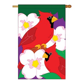 Two Group - Twin Cardinals Garden Friends - Everyday Birds Applique Decorative Vertical House Flag 28" x 44"