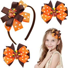 Pvoiue Fall Bows Headband for Women Girls, Thanksgiving Headband Hair Bows Set, 2Pcs Turkey Hair Bows Clips + 1Pcs Headband Thanksgiving Hair Accessories Gift
