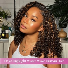 Anmetan F1B30 Highlight 5x5 HD Lace Closure Water Wave Human Hair (16 Inch, Free Part), Invisible Transparent Wet n Wavy Black With Brown Colored Curly Closure 100% Remy Hair