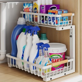 Under Sink Organizer Storage for Families: Pull Out Storage Undersink Organizers Drawer Cabinet - Sliding 2 Tier Rack Metal Organization Under Counter Kitchen Bathroom for Homemakers(White,1 Pack)