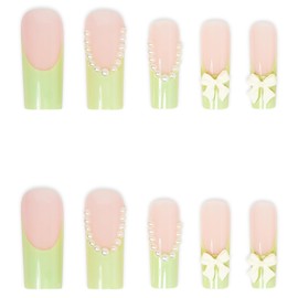 MERVF Long Square Press on Nails Green French Tip Fake Nails 3D Bow Press ons Glue on Nails with Pearls Design Squoval Acrylic False Nails Glossy 24pcs