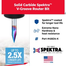 Amana Tool 45634-K SC Spektra Extreme Tool Life Coated V-Groove 30 Deg x 1/4 D x 27/64 CH x 1/4 Inch SHK 3-Flute Router Bit