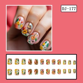 Easter Press on Nails Short Square Fake Nails Flower Acrylic Nails with Bunny designs Stick on Nails Full Cover Cute False Nails Glossy Colorful Glue on Nails for Women Manicure24pcs