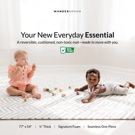 Wander & Roam Premium Reversible Baby Play Mat - Soft Foam Tummy Time Mat for Infant, Toddler & Parent - Neutral Dash + Diamond Design - Water resistant, Easy to Clean, Non-Toxic - Sea Salt Grey