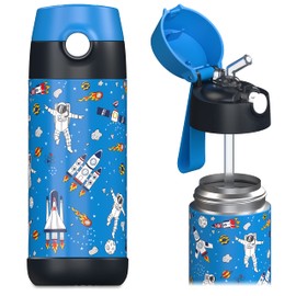 JARLSON kids water bottle with straw - CHARLI - insulated stainless steel water bottle - thermos - girls/boys (Space 'Mosaic', 12 oz)