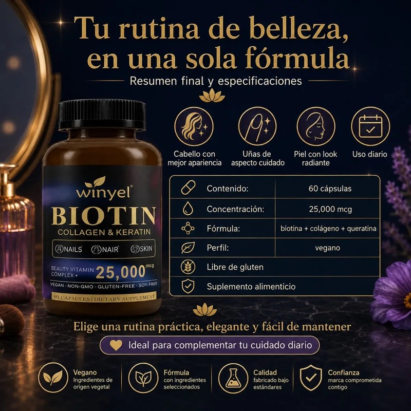 Biotina Alta Potencia 25000 Mcg Cabello Uñas Piel 60 Cáps