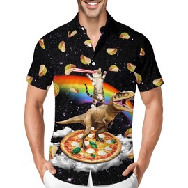 HIVICHI Funny Cat Dinosaur Hawaiian Shirt for Men Novelty Crazy Button Down Shirts, X-Large, Mhws-037217