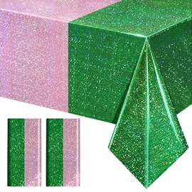 2 Pack Green & Pale Pink Holographic Tablecloth 40x108" Iridescent Shiny Plastic Table Cover for Party Decorations, Baby Shower, Birthday, Wedding, Anniversary, Bachelorette, Holiday Events