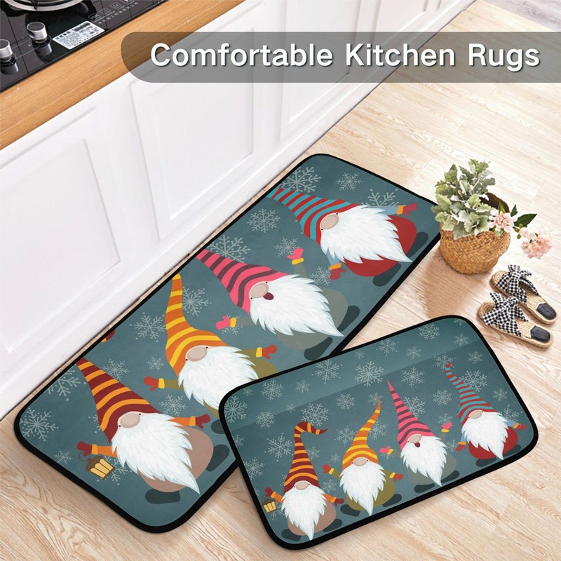 2 Pieces Kitchen Rug Set,Christmas Gnomes and SnowflakesKitchen Mat Non