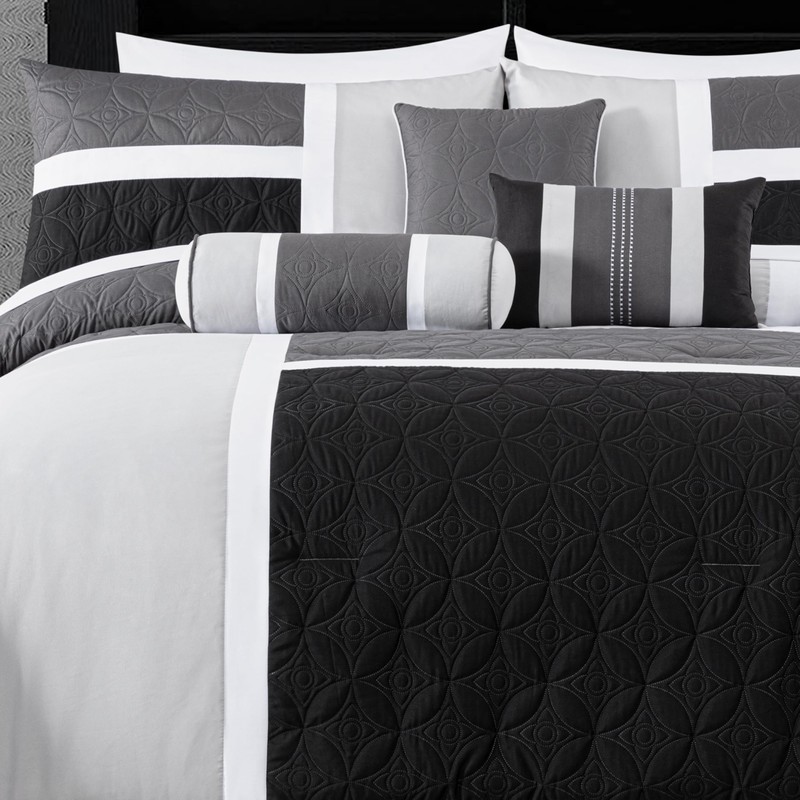 Chezmoi Collection Upland 7-Piece Quilted Patchwork Comforter Set, Black/Gray/Light Gray,