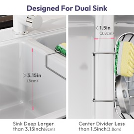 SWTYMIKI Sponge Holder for Kitchen Sink - Movable Kitchen Caddy with M Shape Hook, Stainless Steel Hanging Sponge Caddy for Sponges, Brush, Stopper Organizer in Double Bowl Sink, Silver