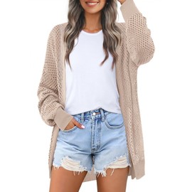 MEROKEETY Women's Lightweight Crochet Cardigan Sweater Casual Long Sleeve Kimono Oversized Open Front Cover Ups, LightKhaki, X-Large